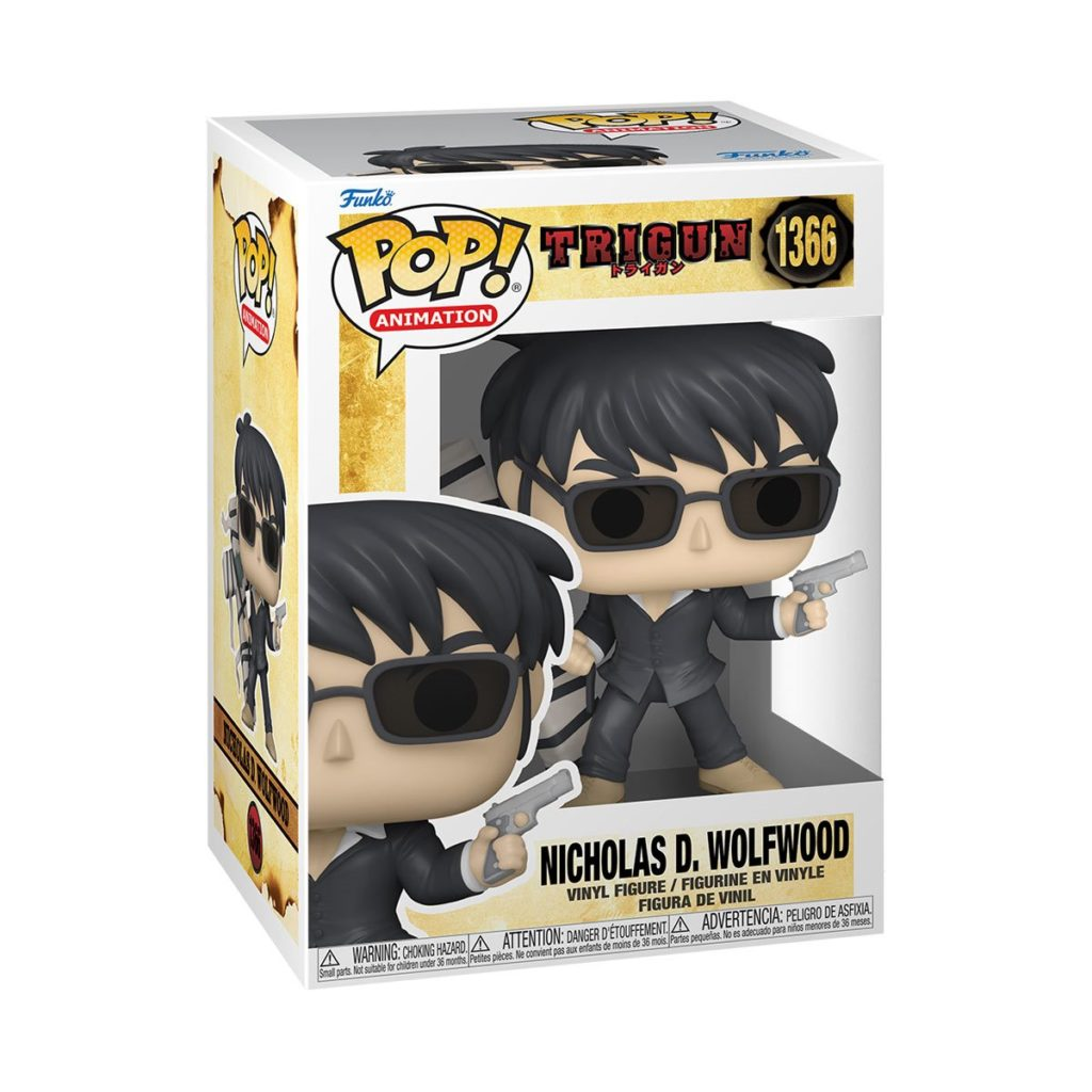 Funko Pop Figur von Nicholas D. Wolfwood aus Trigun in einer Box mit Waffe und Sonnenbrille.
