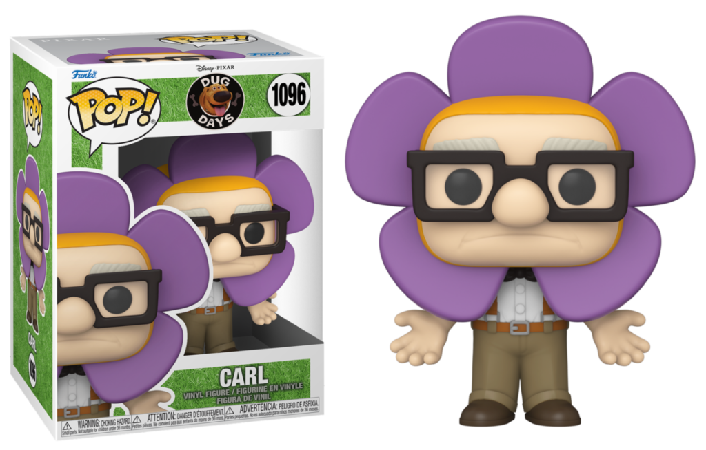 Carl aus Oben als Funko Pop Vinylfigur in lila Blumenkostüm, gezeigt mit der Verpackung.