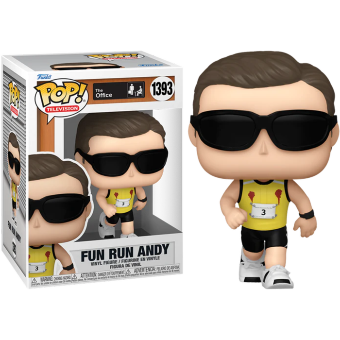 Figura Funko Pop di Fun Run Andy da The Office con occhiali da sole e maglietta da corsa numero 3.