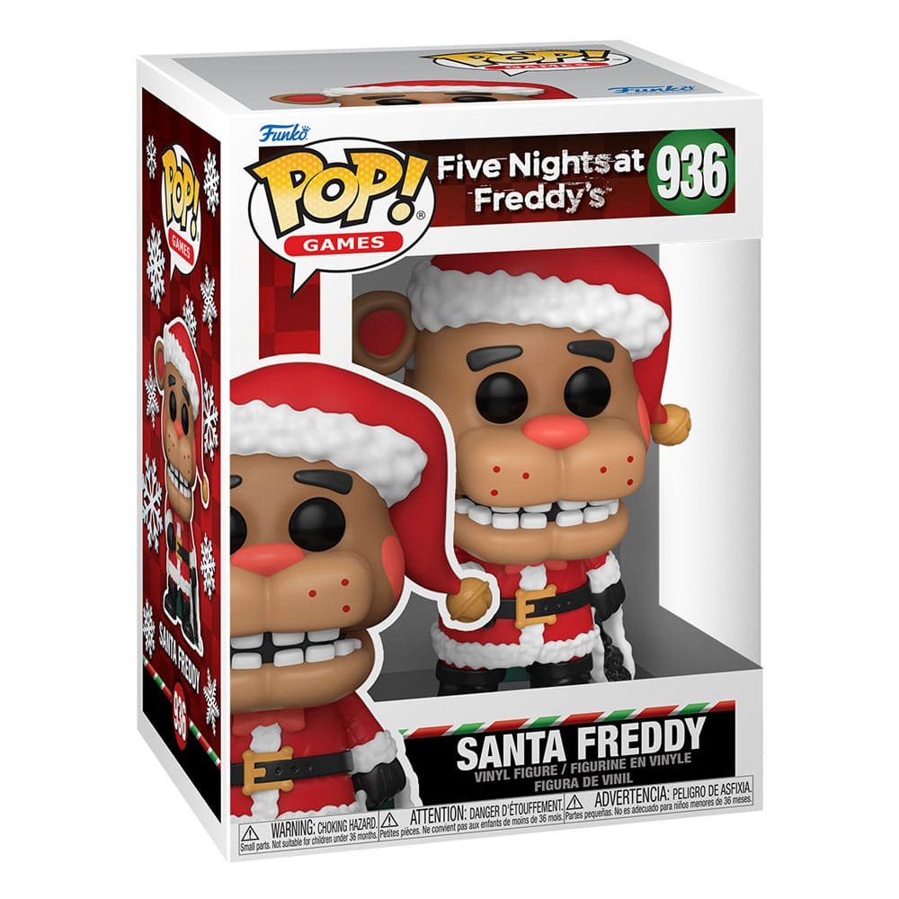 Una figura de vinilo Funko Pop de Santa Freddy de Five Nights at Freddy's en su caja etiquetada.