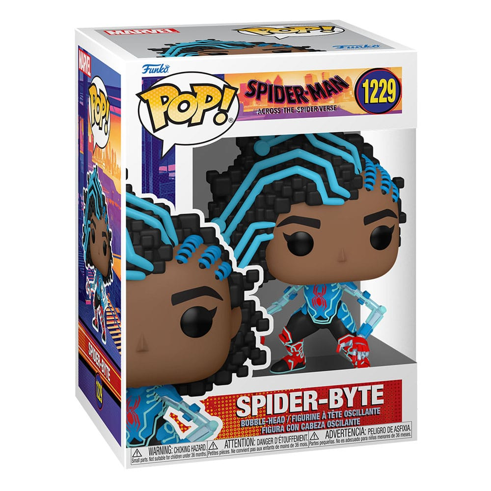 Spider-Byte Funko Pop Vinyl-Figur in Box mit blauen Haaren und kybernetischem Spinnenanzug.