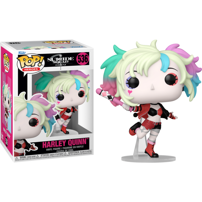 Figurka winylowa Funko Pop Harley Quinn obok pudełka, z kolorowymi włosami i kijem.