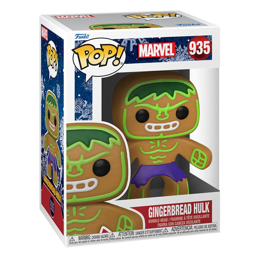 Figura Funko Pop Marvel 935 Gingerbread Hulk all'interno di una scatola da collezione.