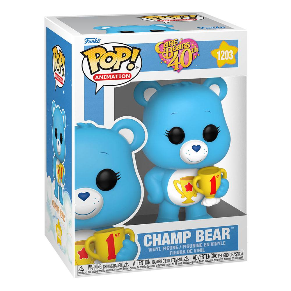 Funko Pop! Figur von Champ Bear in einer Box, hellblau mit gelber Tasse.