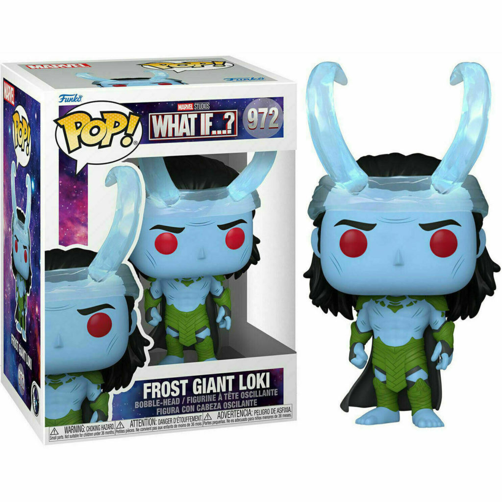 Figura de vinilo Funko Pop de Loki Gigante de Hielo con piel azul, ojos rojos y grandes cuernos translúcidos junto a su caja.