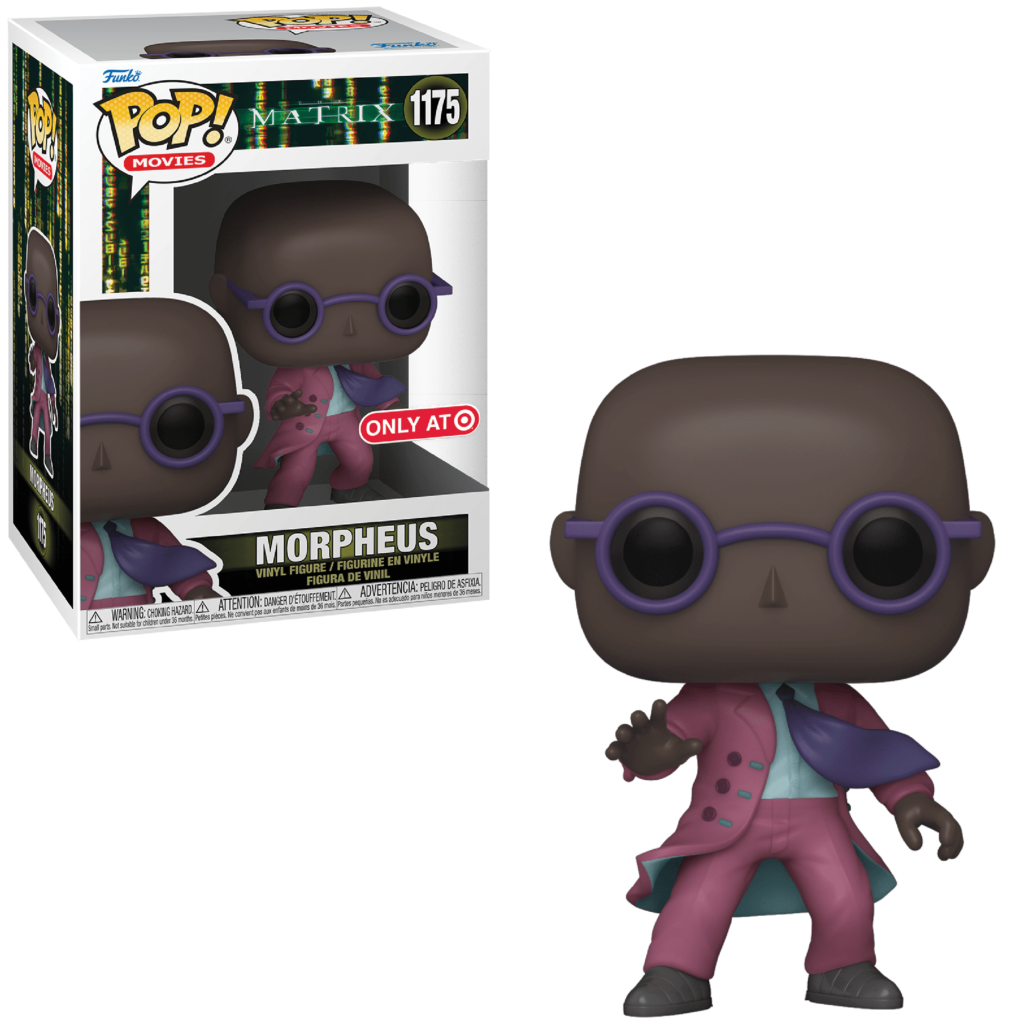 Funko Pop Morpheus Vinyl-Figur aus The Matrix in rosa Anzug mit lila Brille, daneben die Verpackungsschachtel.