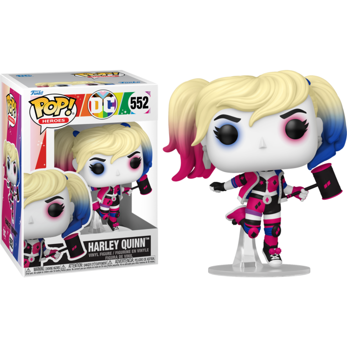Figura Funko Pop de Harley Quinn con cabello rosa y azul y un mazo junto a su caja colorida.