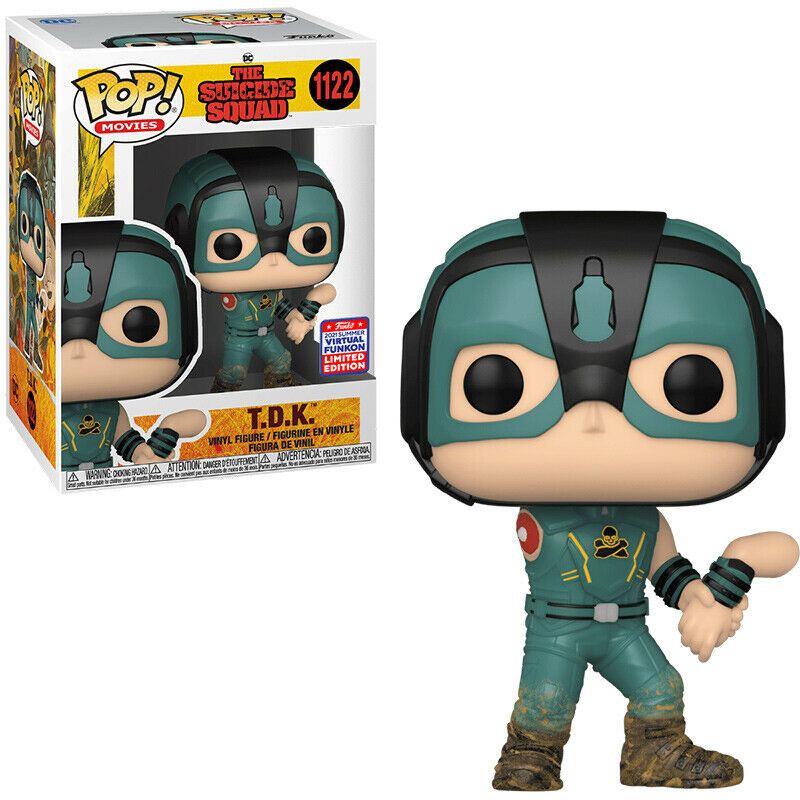 T.D.K. Funko Pop Figur aus The Suicide Squad, in grün-schwarzem Anzug, mit einem Extramarm.