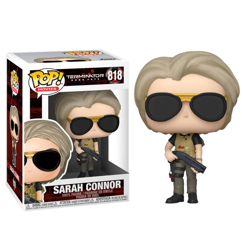 Sarah Connor Funko Pop Vinyl-Figur mit Schrotflinte, neben ihrer Themenbox gezeigt.