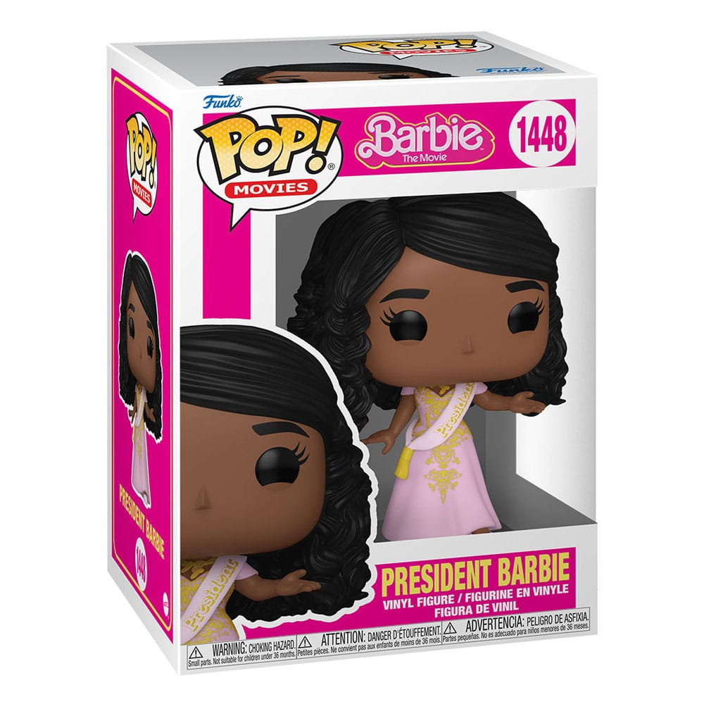 Funko Pop Vinylfigur von Präsident Barbie in rosa Kleid mit Schärfe in einer Box.