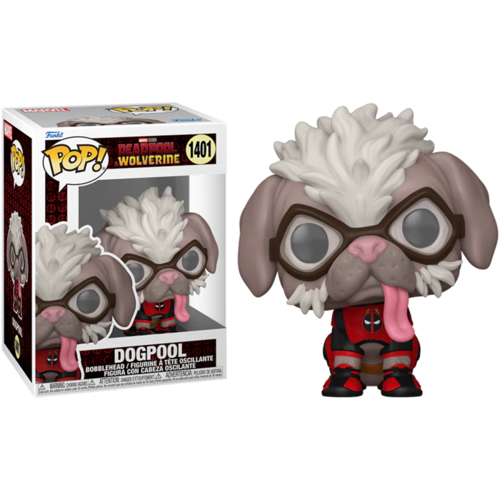 Figurine Funko Pop Dogpool aux cheveux blancs, lunettes et costume rouge et noir, près de sa boîte.