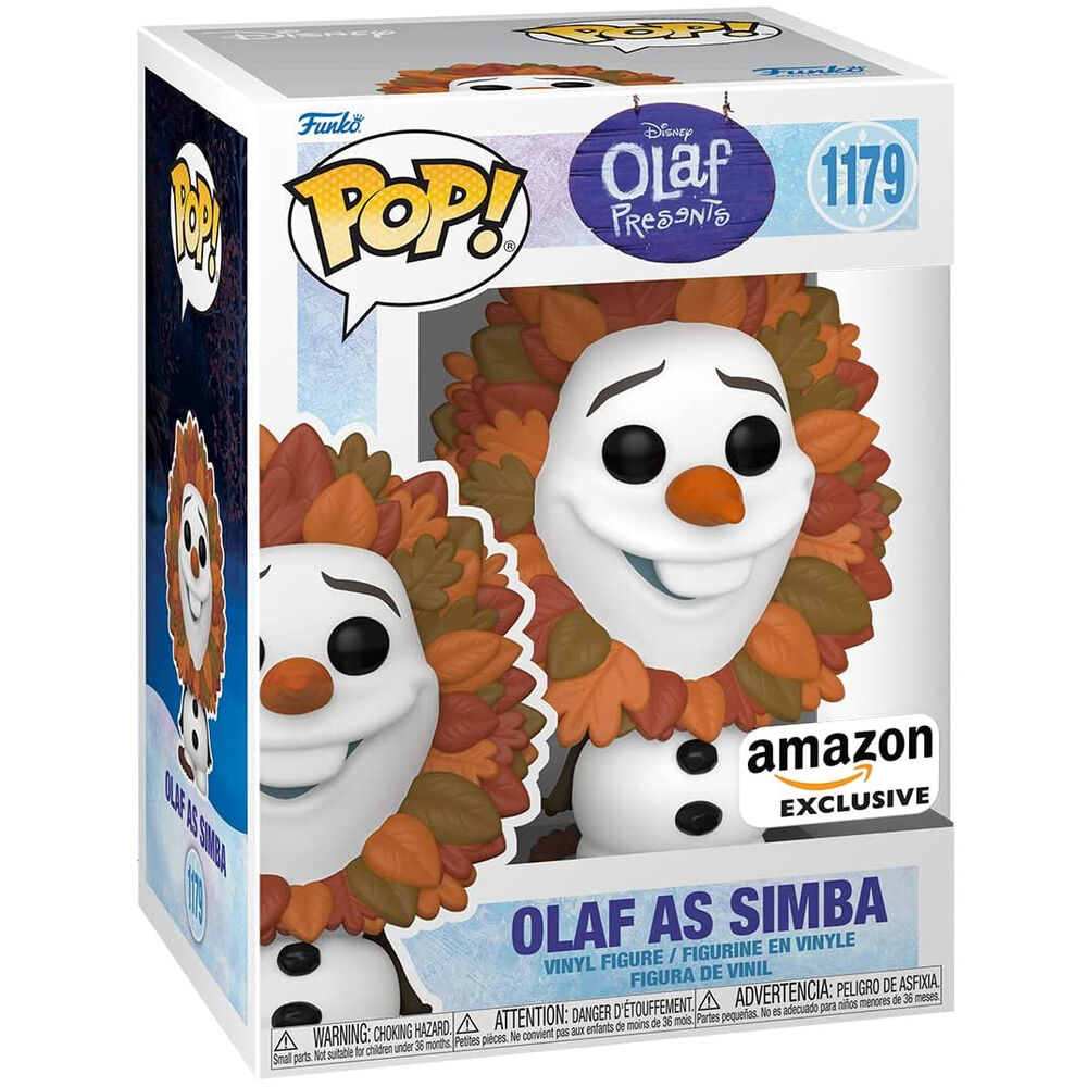 Una caja Funko Pop muestra una figura de vinilo de Olaf como Simba rodeada de hojas de otoño, etiquetada Exclusiva de Amazon.