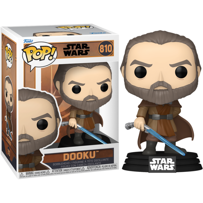 Figura de vinilo Funko Pop de Conde Dooku con sable láser azul, mostrada junto a su caja de Star Wars.