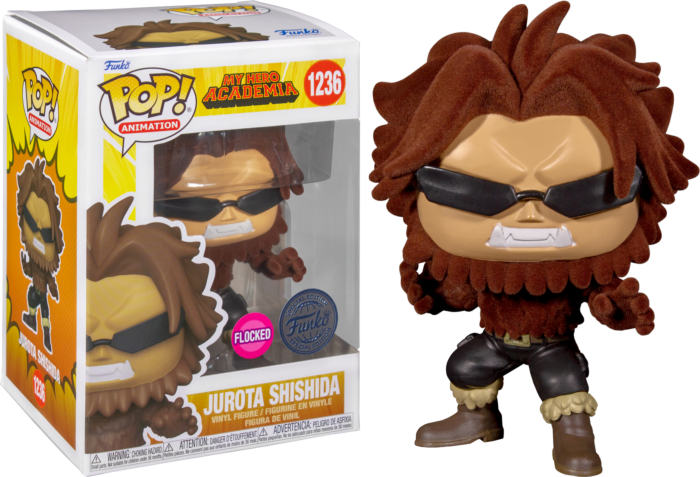 Figura Funko Pop de Jurota Shishida con textura marrón aterciopelada, gafas de sol y colmillos, con caja.