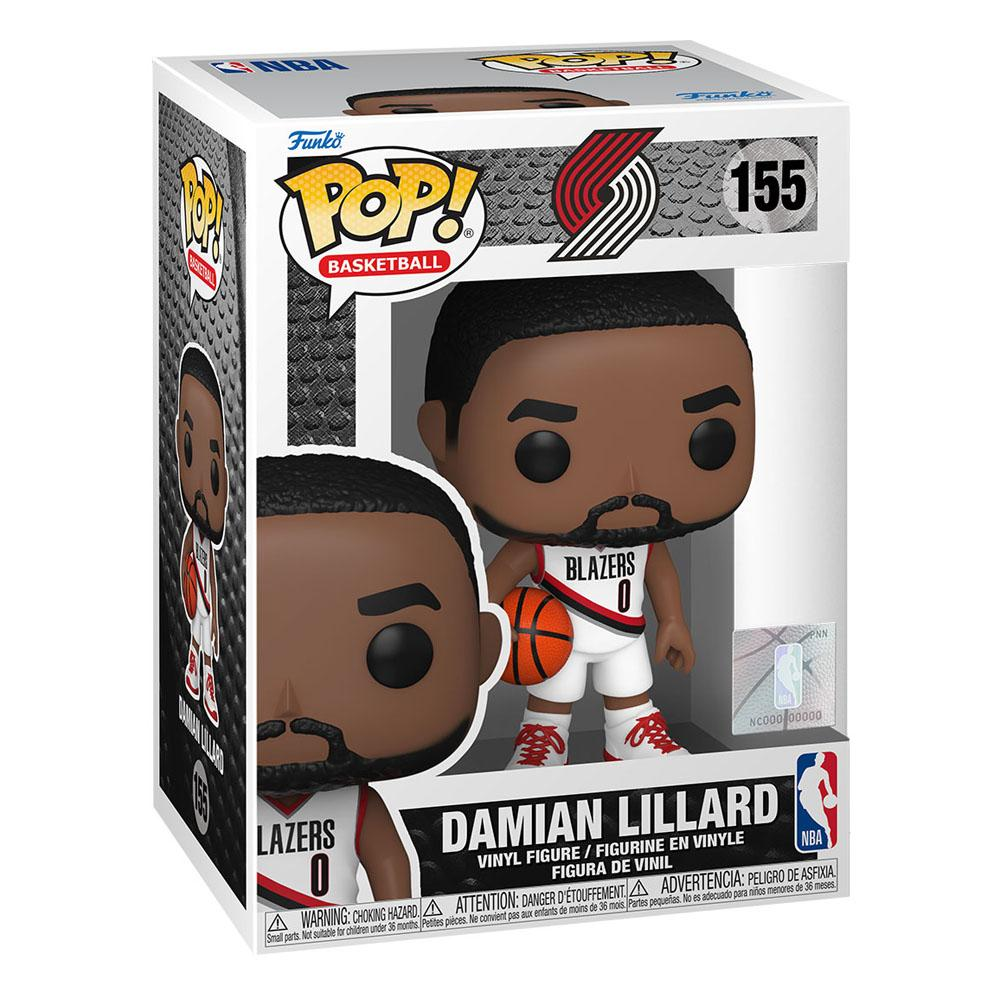 Pop! Basketball Figur von Damian Lillard in Box mit Blazers Trikot und Basketball.