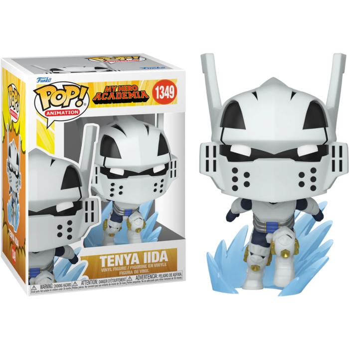 Tenya Iida Funko Pop Vinyl-Figur in weißer Rüstung auf blauem Wasserspritzer neben seiner Verpackung.