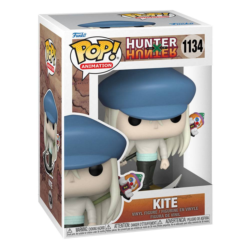 Figurine en vinyle Funko Pop de Kite de Hunter x Hunter en boîte avec chapeau bleu clair.
