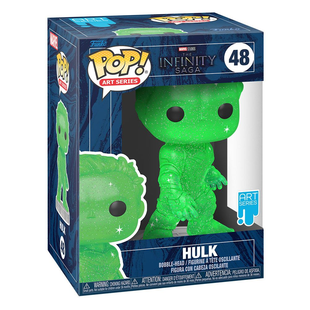 Figura de vinilo Funko Pop de Hulk verde brillante dentro de su caja azul de Art Series.
