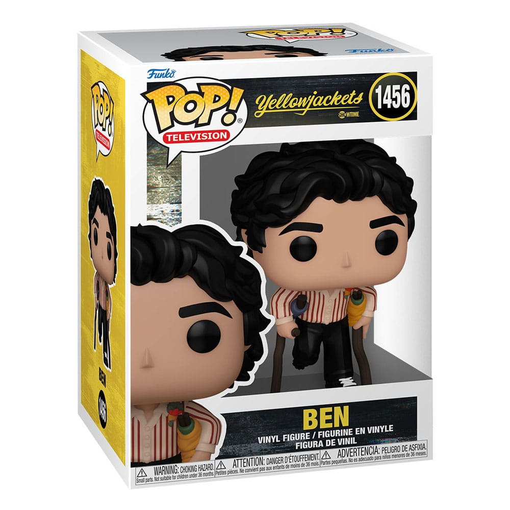 Funko Pop Vinylfigur von Ben aus Yellowjackets, stehend mit Krücken in einer verzierten Box.