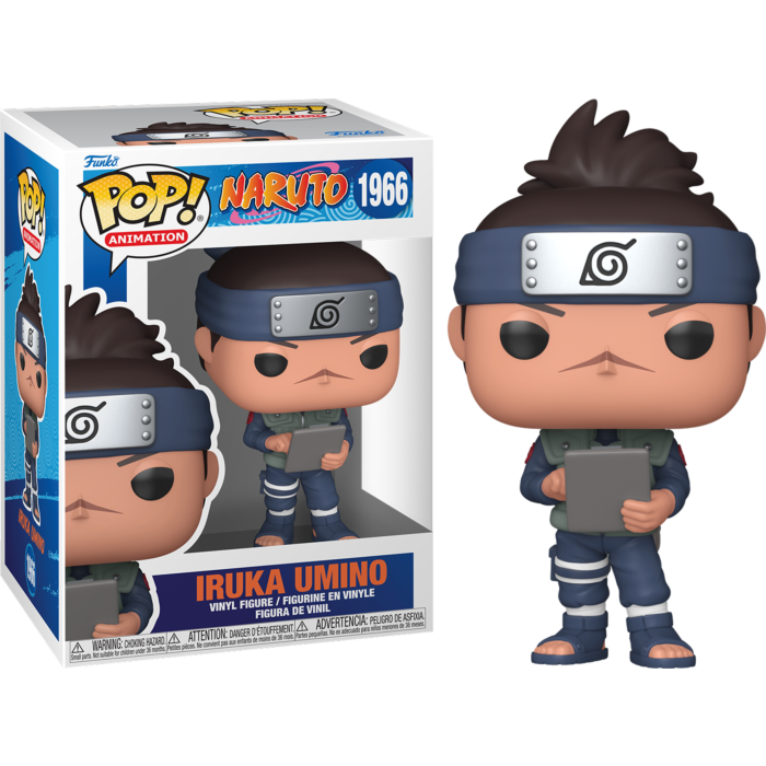 Figura Funko Pop! de Iruka Umino de Naruto sosteniendo un cuaderno gris, al lado de su caja.