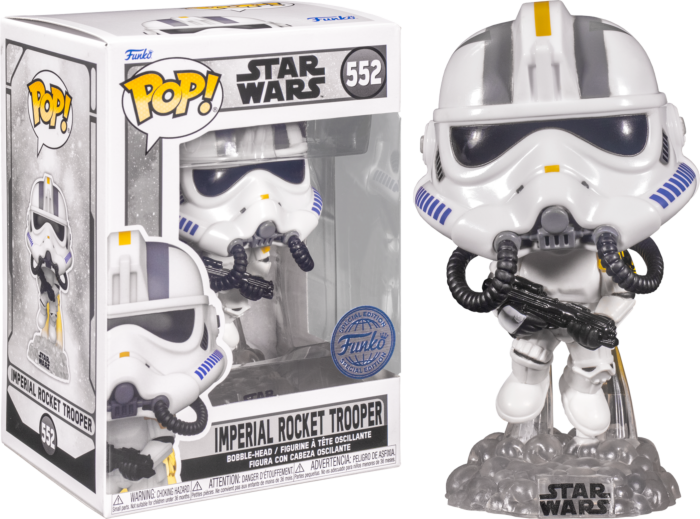 Star Wars Imperial Rocket Trooper Funko Pop Figur mit Verpackung auf dunklem Hintergrund.