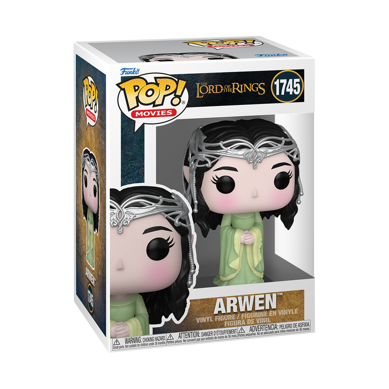 Funko Pop Arwen Vinyl-Figur in Box aus Der Herr der Ringe mit dunklen Haaren und silbernem Diadem.