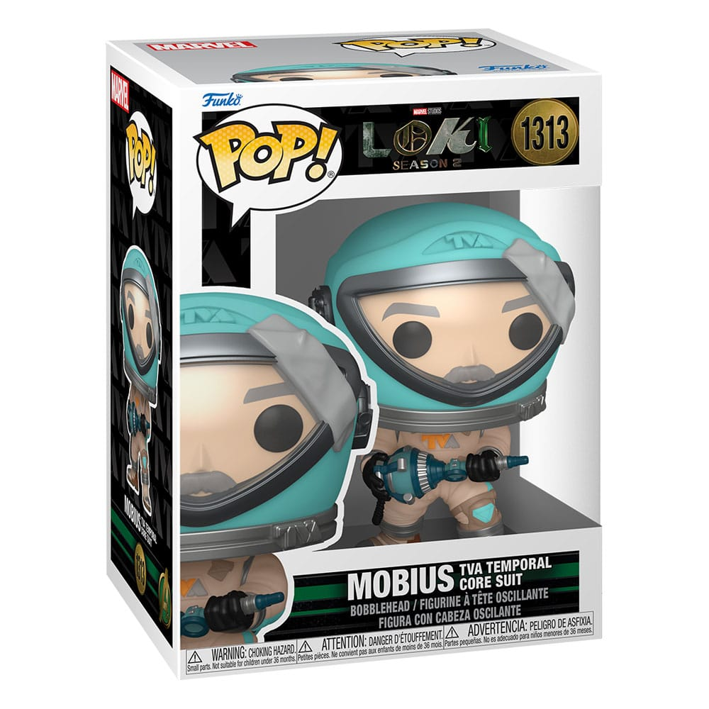 Una figure in vinile Funko Pop in scatola di Mobius in tuta TVA con un dispositivo.
