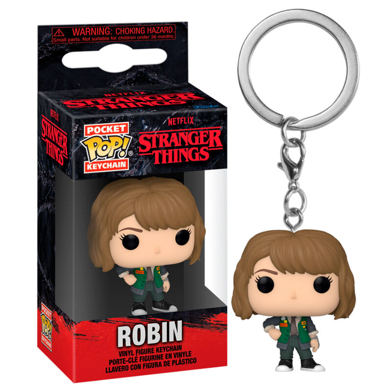 Stranger Things Robin Vinyl-Schlüsselanhänger neben seiner Originalverpackung.