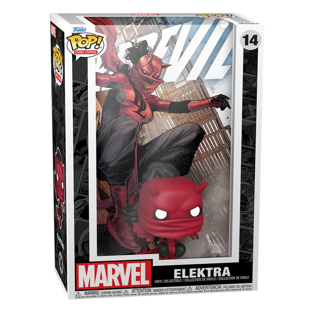 Funko Pop Comic Cover 14 von Marvels Elektra in rotem Kostüm mit Vinylfigur vor comicartigem Hintergrund.