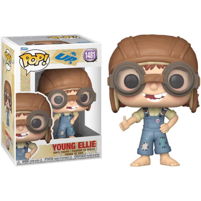 Una figura Funko Pop de la joven Ellie de UP con gorro de aviador, gafas y peto, junto a su caja.
