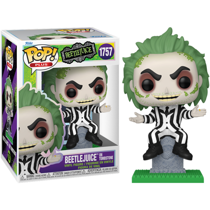 Figura de vinilo Funko Pop de Beetlejuice con traje blanco y negro y pelo verde, sentado en una lápida.