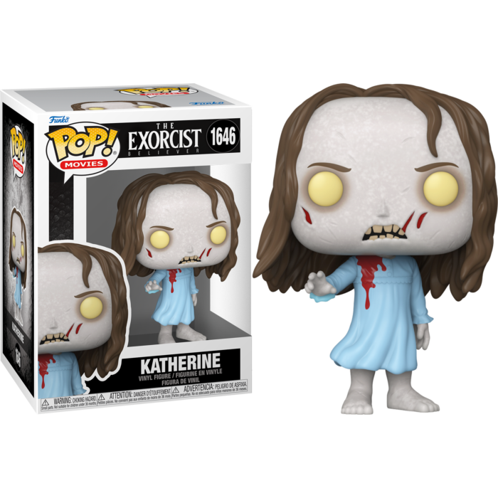 Figura Funko Pop de Katherine de El Exorcista con caja, cara pálida, camisón ensangrentado y pelo castaño.
