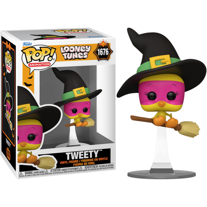 Tweety Pop-Vinylfigur als Hexe mit Besen in einer Verpackung.