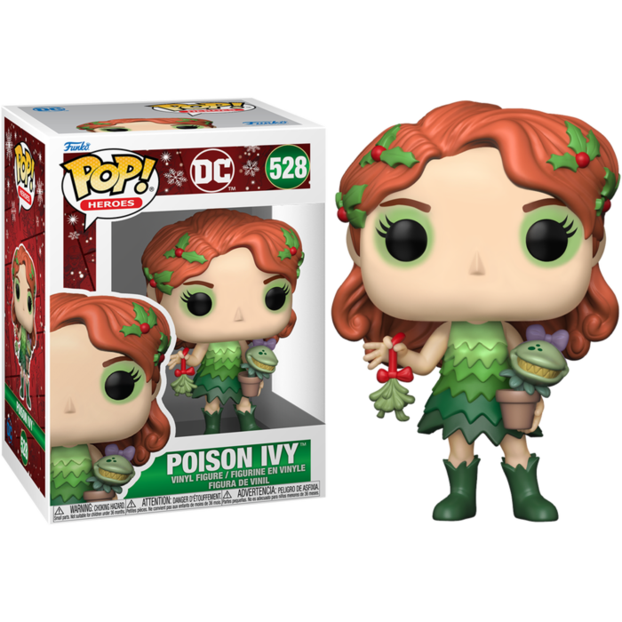 Figura Funko Pop de Poison Ivy con tema navideño, sosteniendo muérdago y una planta en maceta, junto a su caja.