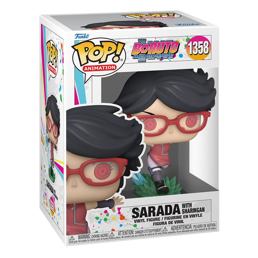 Funko Pop Figur von Sarada mit Sharingan in ihrer Verpackung, mit roten Brillen und schwarzem Haar.
