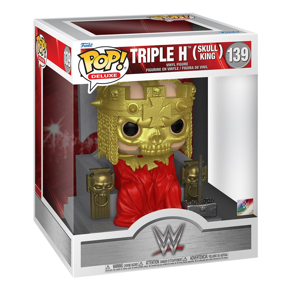 Funko Pop Deluxe Figur von Triple H als Skull King in einer verzierten Schachtel auf einem Thron mit Hammer.