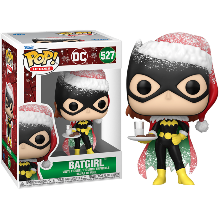 Figura Funko Pop de Batgirl con traje de Santa sosteniendo galletas y leche junto a su caja.