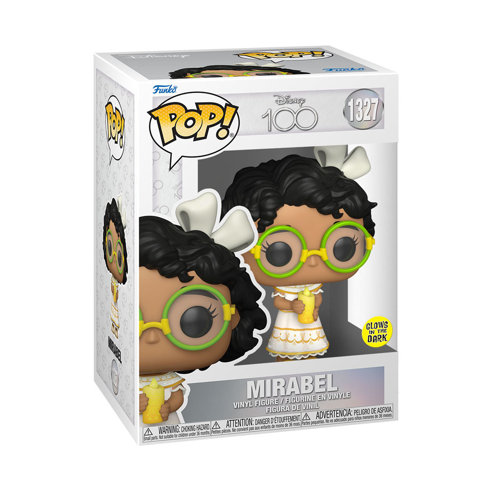 Figurine en vinyle Funko Pop de Mirabel dans sa boîte, tenant une bougie jaune et des lunettes vertes.