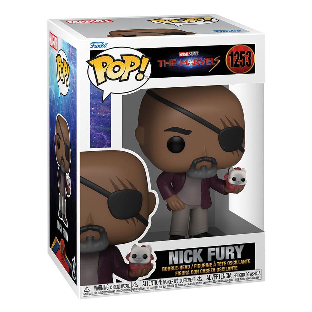 Funko Pop Figur von Nick Fury aus The Marvels in seiner Originalverpackung.