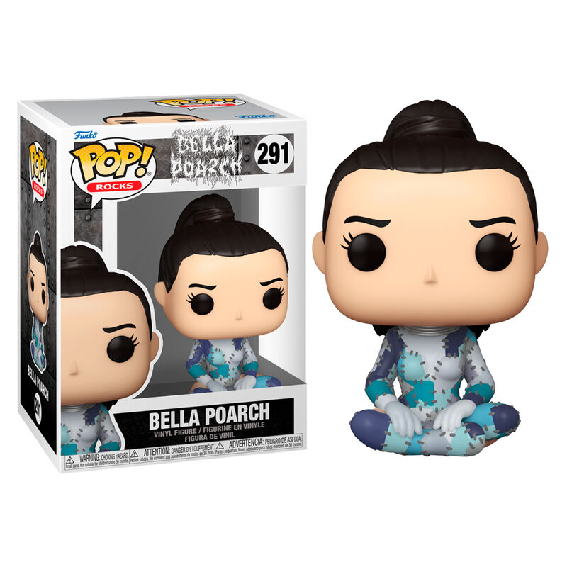 Figura de vinilo Funko Pop de Bella Poarch con traje de retazos azul y caja.