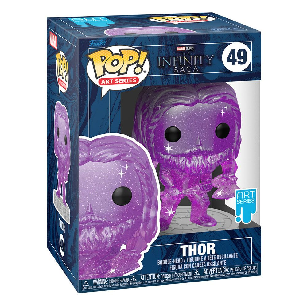 Una figura Funko Pop de Thor con tema cósmico morado dentro de su caja.