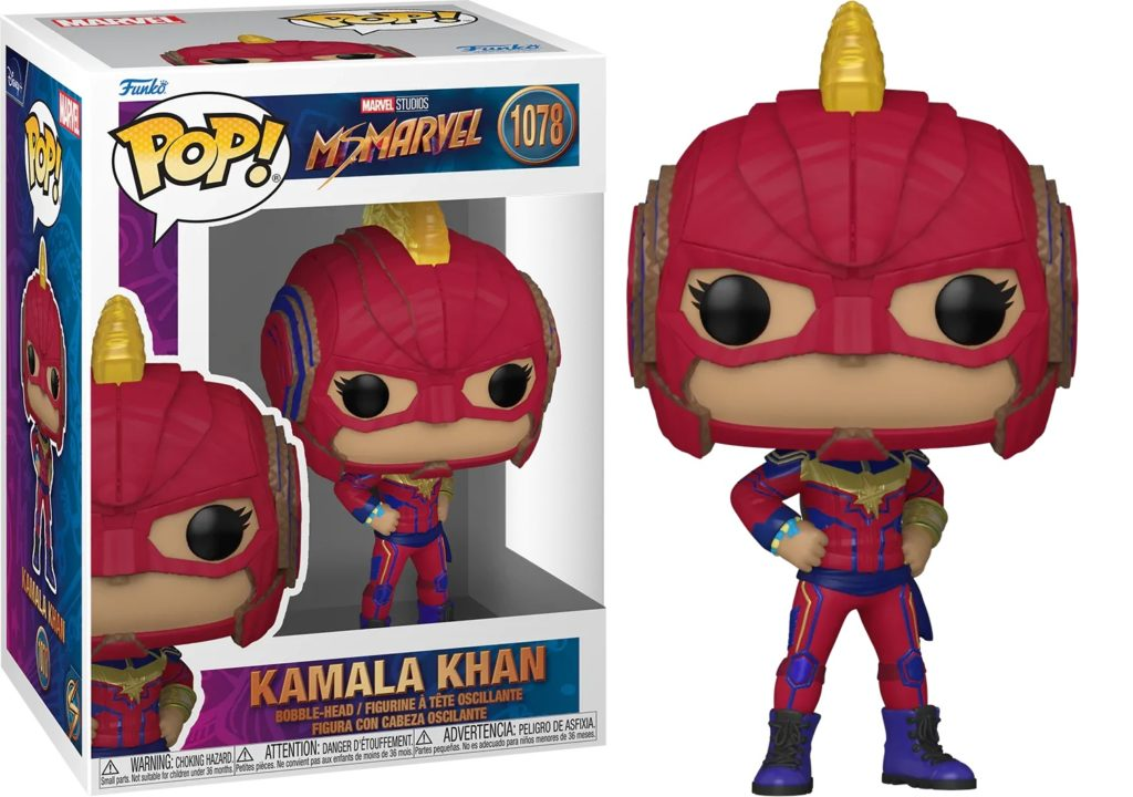 Una figure Funko Pop di Ms. Marvel di Kamala Khan in costume rosso e blu, accanto alla scatola.