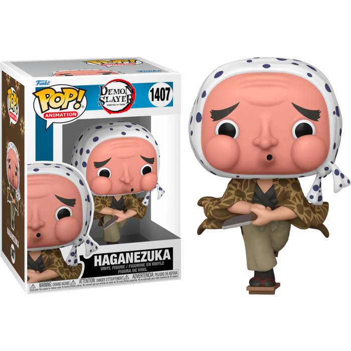 Figura in vinile Funko Pop di Haganezuka da Demon Slayer accanto alla sua scatola.