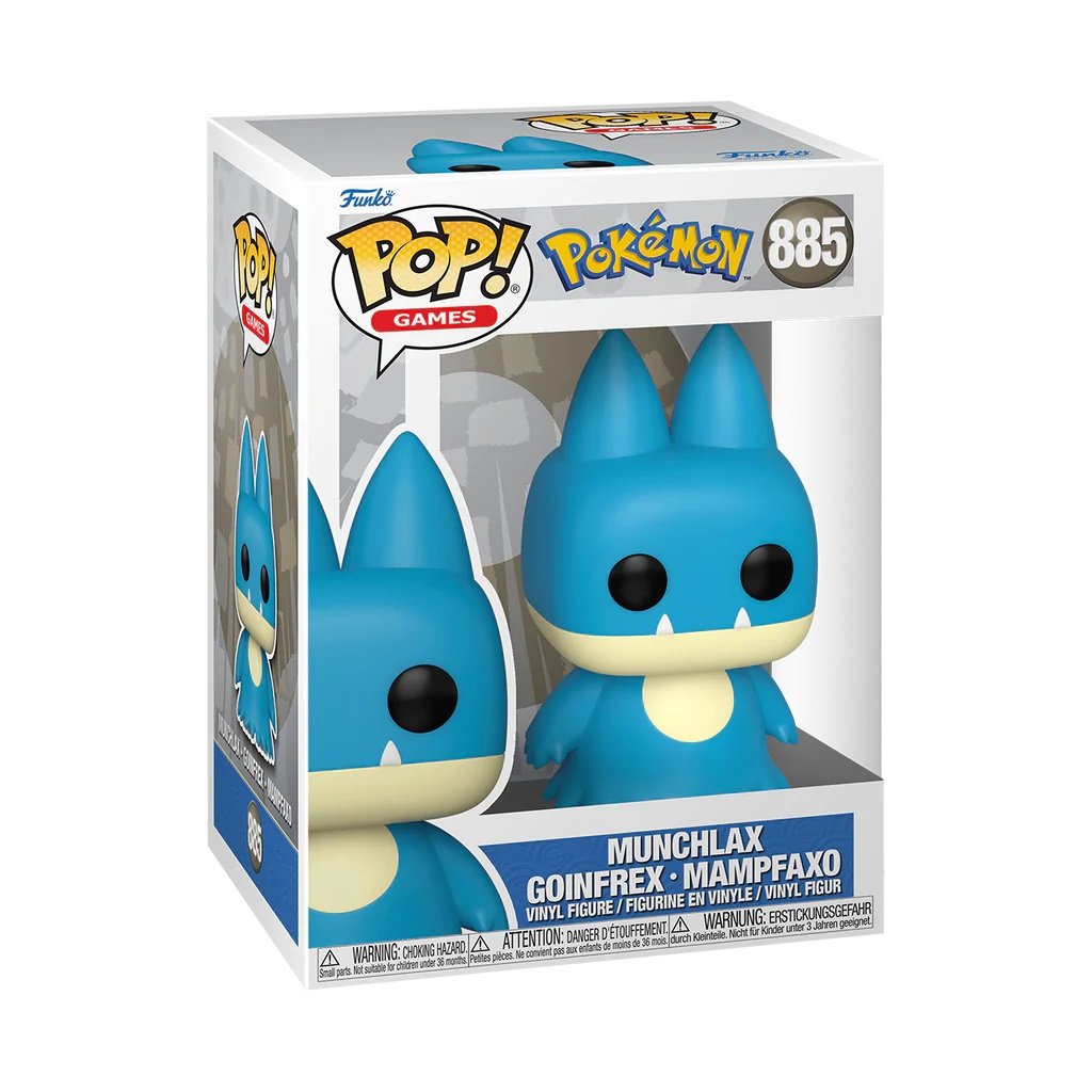 Eine blaue Munchlax Funko Pop Vinylfigur in der Originalverpackung mit Pokémon- und Funko-Logo.