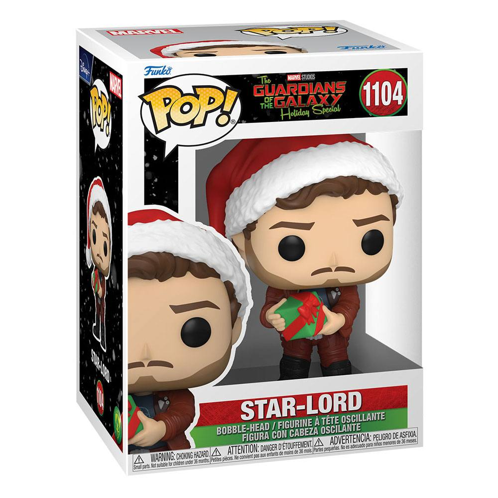 Figurka Funko Pop Star-Lord w czapce Mikołaja z prezentem.