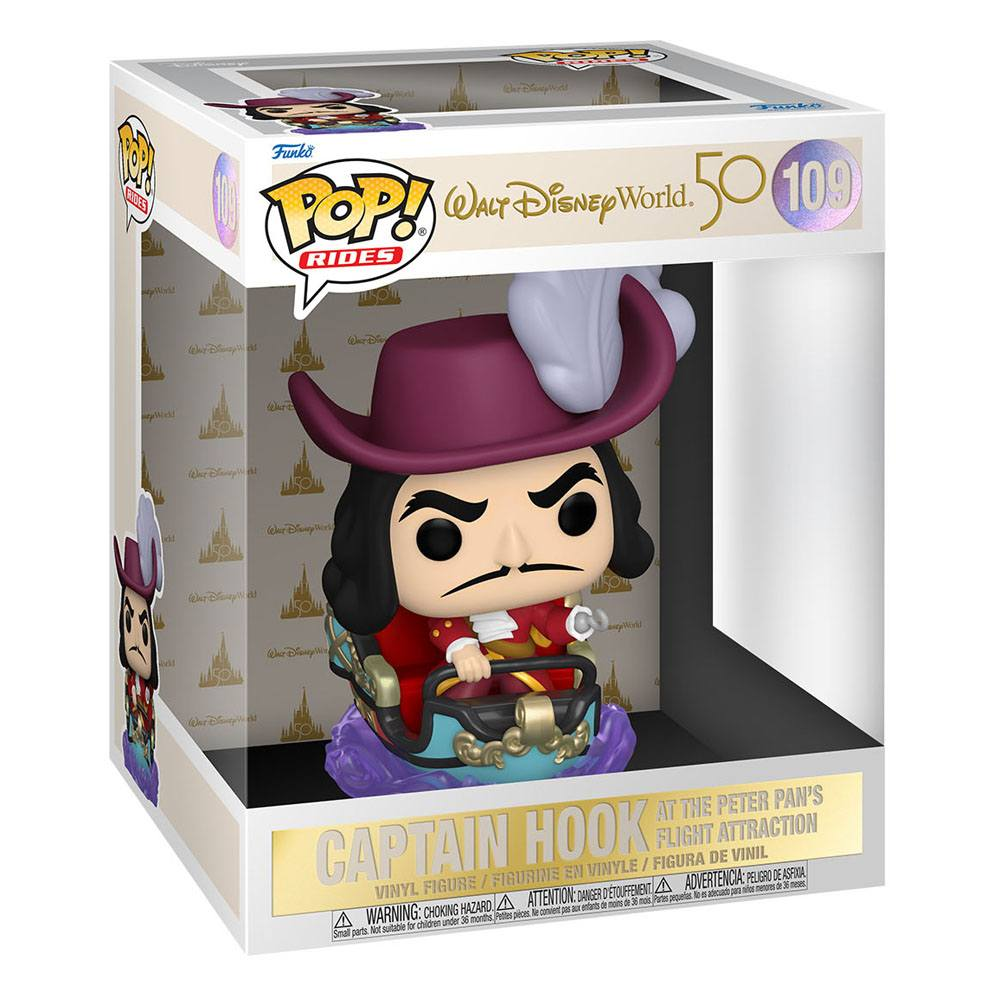 Figura de vinilo Funko Pop! del Capitán Garfio en una atracción de Peter Pan, en caja temática de Disney World.