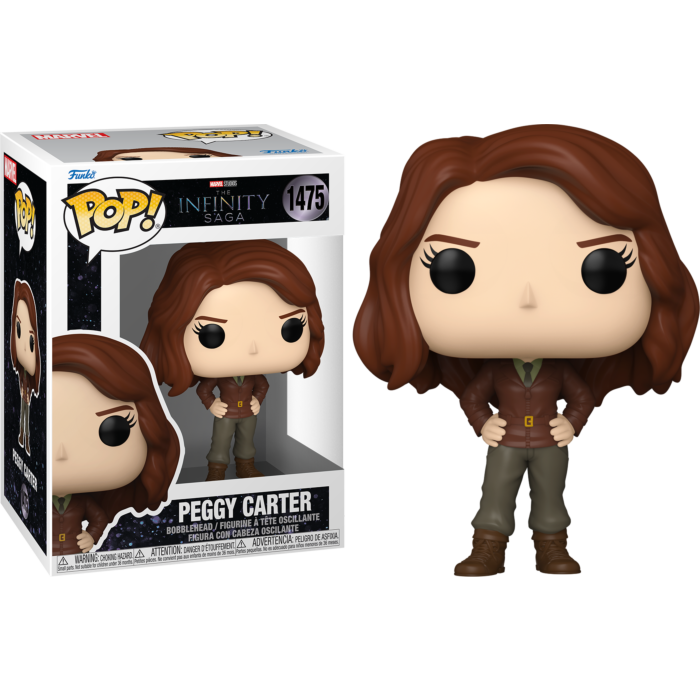 Figura de vinilo Funko Pop de Peggy Carter con cabello castaño y chaqueta al lado de su caja.