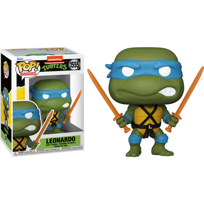 Una figura Funko Pop de Leonardo con máscara azul y dos espadas, junto a su caja.