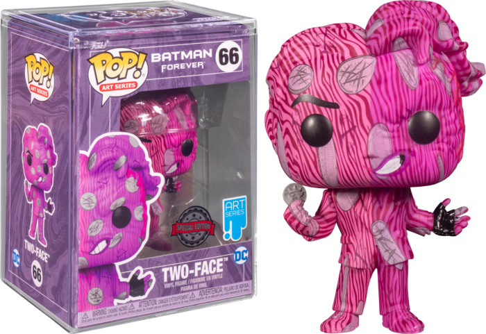 Eine rosa-lila Two-Face Funko Pop Vinylfigur aus Batman Forever, gezeigt in und außerhalb der Verpackung.
