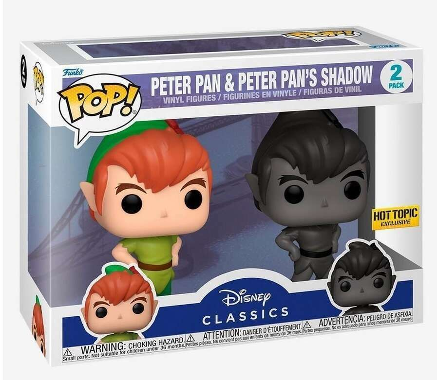 Funko Pop Box mit Peter Pan und seinem Schatten Vinyl-Figuren, Disney Classics Branding und Hot Topic Aufkleber.